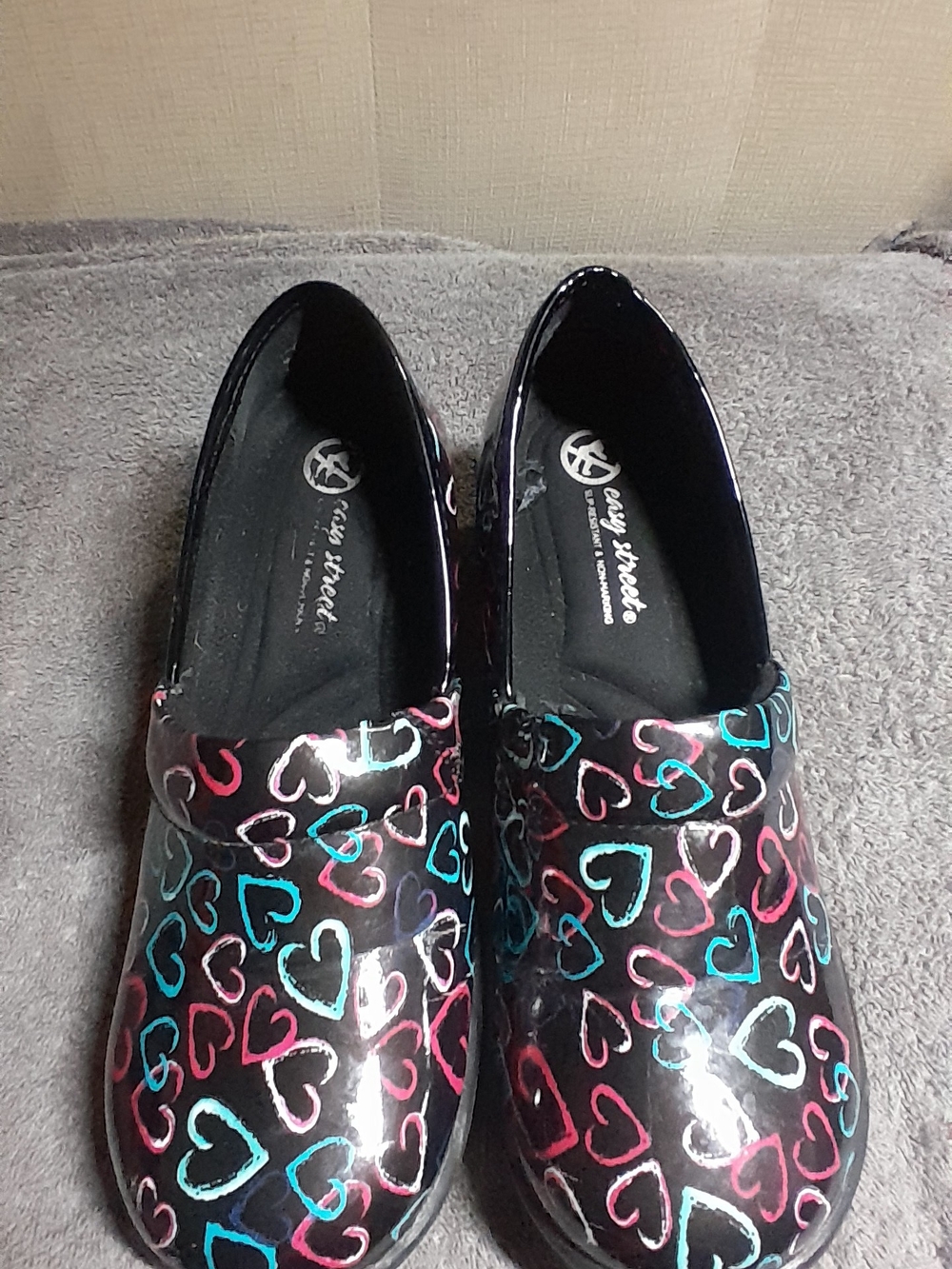 easy street Black Slip-On Moccasins with Teal & Pink Heart Print